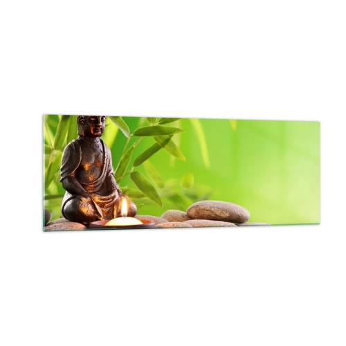 Impression sur verre - Image sur verre - Figure de Bouddha avec des pierres et une bougie sur un fond de bambou - 140x50cm - La vie est belle - Décoration murale moderne pour le salon et la chambre ARTTOR