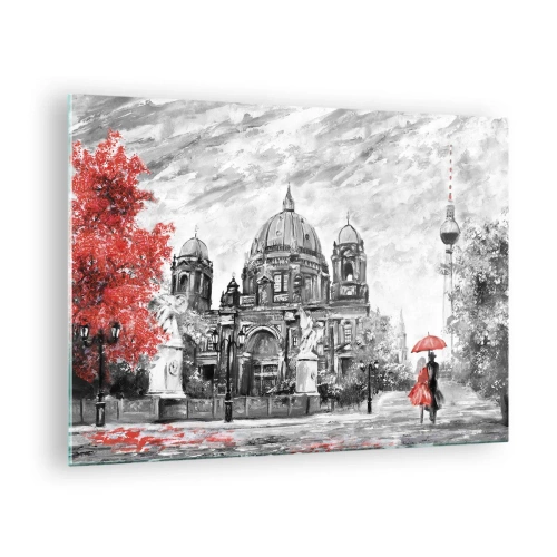 Impression sur verre - Image sur verre - Cathédrale de Berlin avec un accent rouge dans des tons monochromes - 70x50cm - Rencontre berlinoise - Décoration murale moderne pour le salon et la chambre ARTTOR