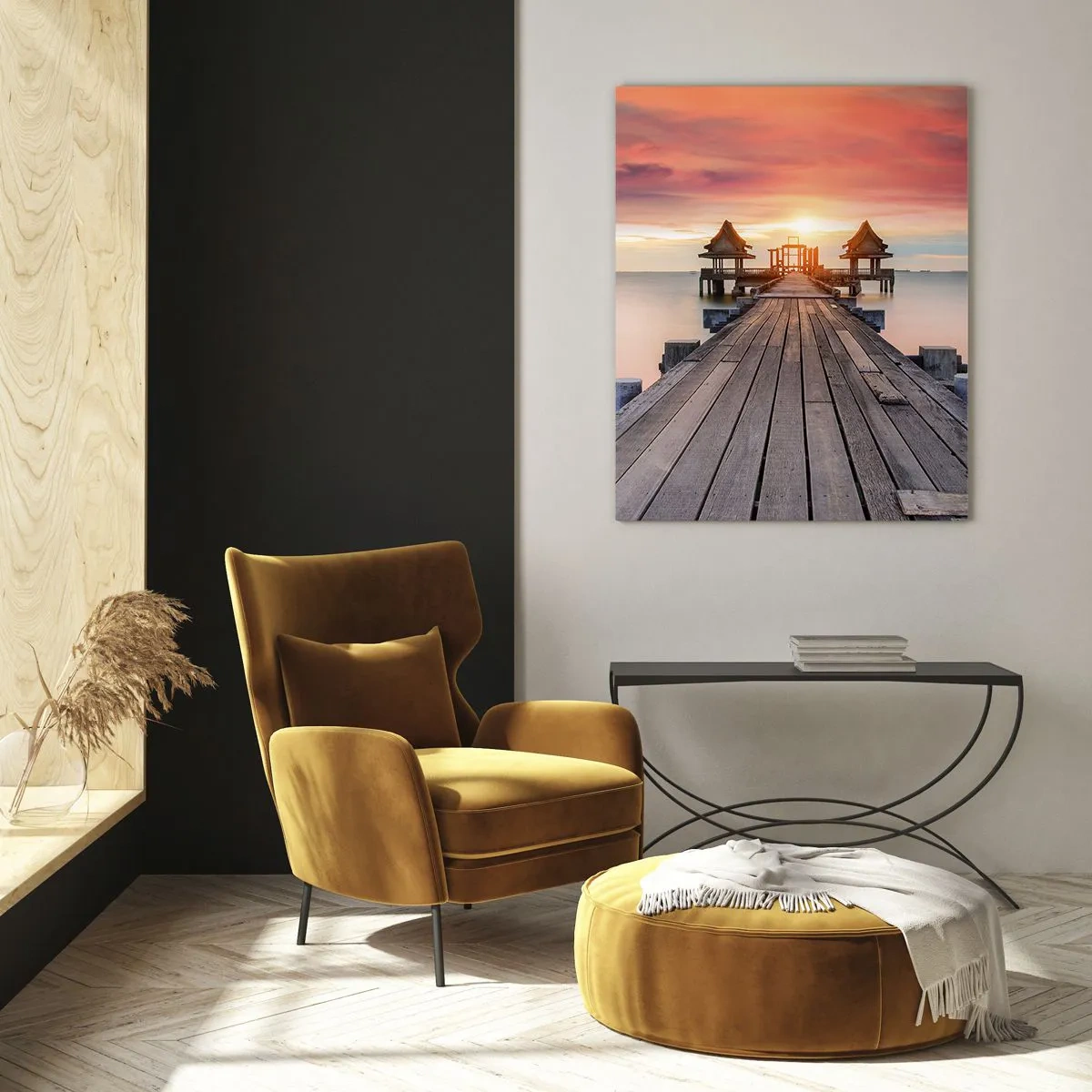 Impression sur verre - Image sur verre - Jetée en bois menant aux belvédères au coucher du soleil - 70x100cm - L'Ouest à l'Est - Décoration murale moderne pour le salon et la chambre ARTTOR