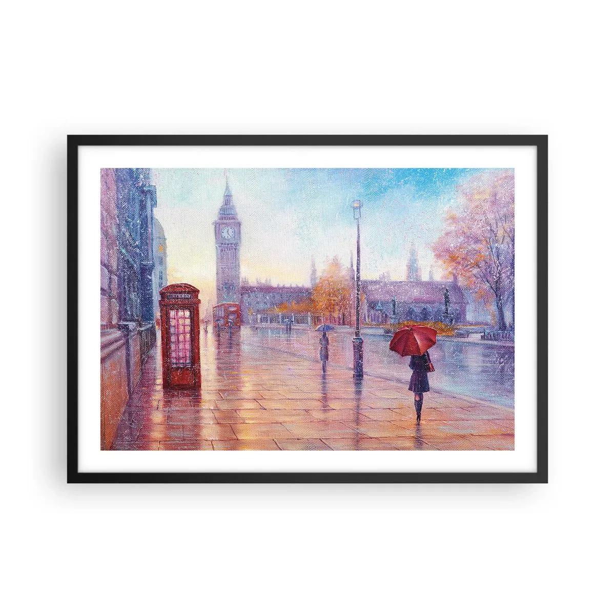 Affiche dans un cadre noir - Poster - Rue de Londres avec Big Ben un jour de pluie - 70x50cm - Jour automnal londonien - Décoration murale moderne pour le salon et la chambre ARTTOR