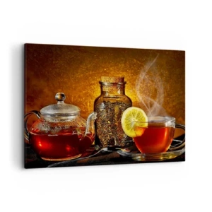 Impression sur toile - Image sur toile - Thé dans une carafe en verre avec du citron et du thé en vrac - 100x70cm - Dans le style des maîtres hollandais - Décoration murale moderne pour le salon et la chambre ARTTOR