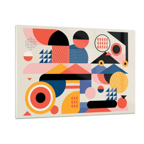 Impression sur verre - Image sur verre - Abstraction géométrique colorée avec des cercles et des triangles - 120x80cm - Composition : jouer - Décoration murale moderne pour le salon et la chambre ARTTOR