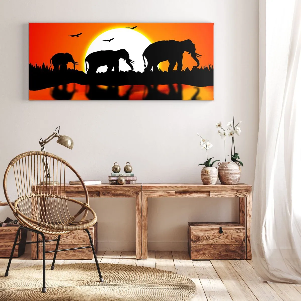 Impression sur toile - Image sur toile - Silhouettes d'éléphants au coucher du soleil sur l'eau avec reflet - 140x50cm - Et le soir pour un petit verre - Décoration murale moderne pour le salon et la chambre ARTTOR