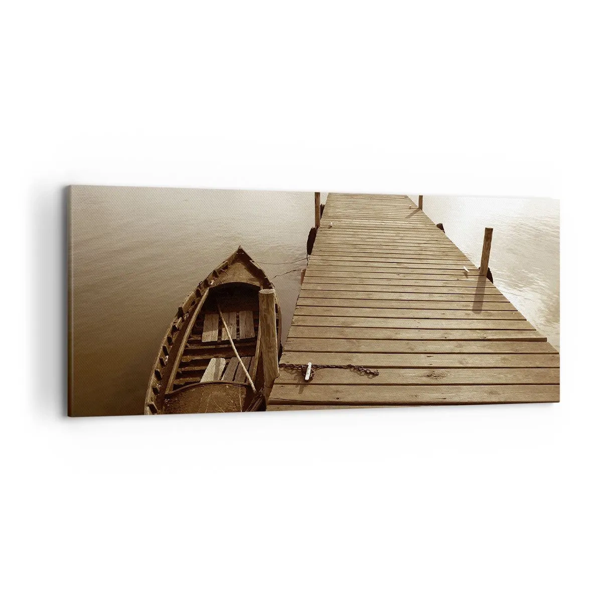 Impression sur toile - Image sur toile - Jetée en bois et bateau sur un lac calme - 120x50cm - Le grand silence - Décoration murale moderne pour le salon et la chambre ARTTOR