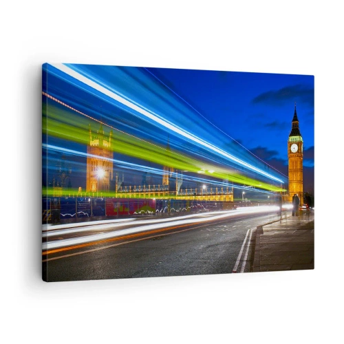 Impression sur toile - Image sur toile - Big Ben la nuit avec l'effet des lumières dans la circulation routière - 70x50cm - Sous l'œil de Big Ben - Décoration murale moderne pour le salon et la chambre ARTTOR