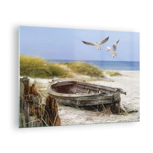 Impression sur verre - Image sur verre - Bateau en bois sur la plage avec des mouettes en vol - 70x50cm - Bain de vent - Décoration murale moderne pour le salon et la chambre ARTTOR