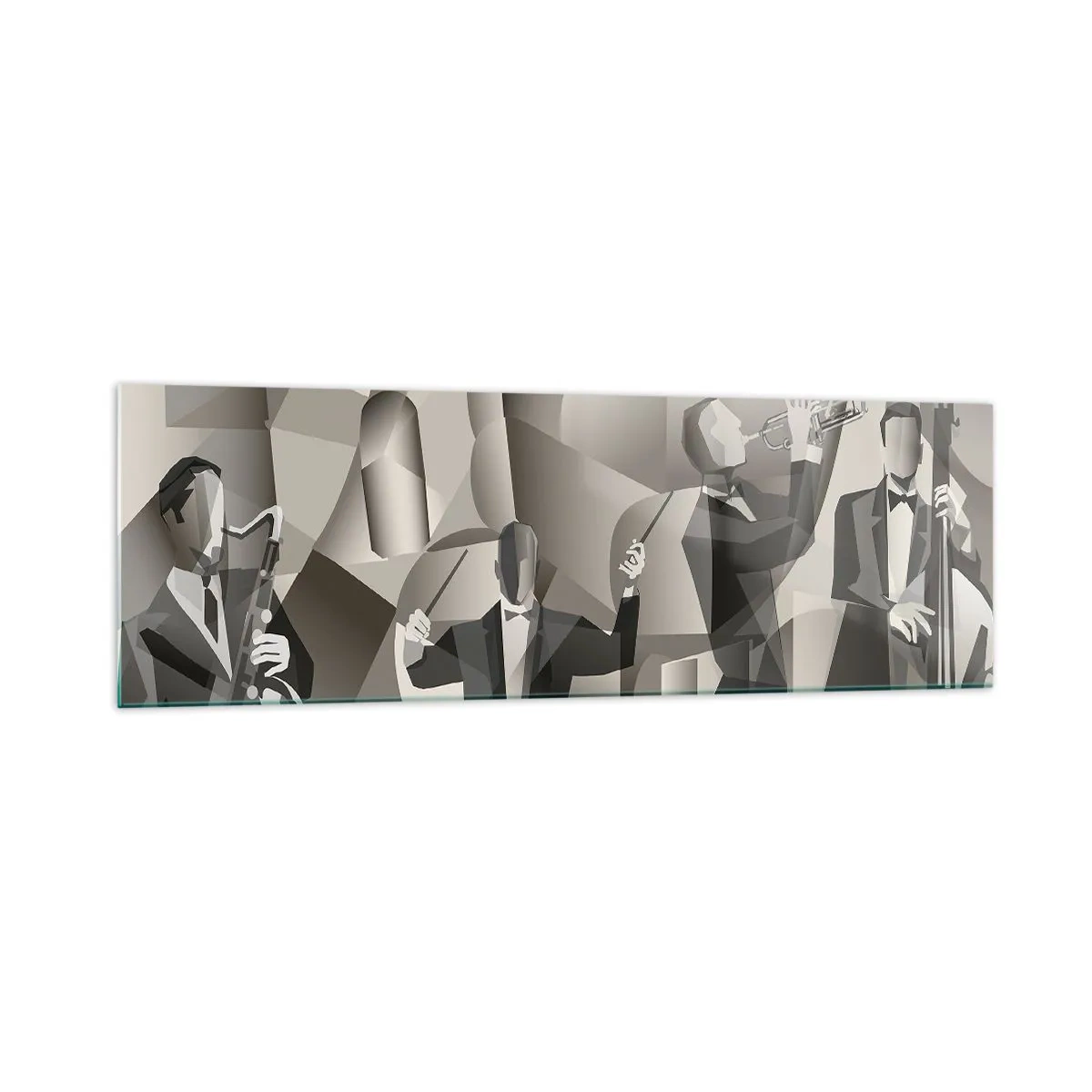 Impression sur verre - Image sur verre - Scène abstraite avec des musiciens de jazz dans des tons de gris. - 160x50cm - Dans l'espace des sons - Décoration murale moderne pour le salon et la chambre ARTTOR