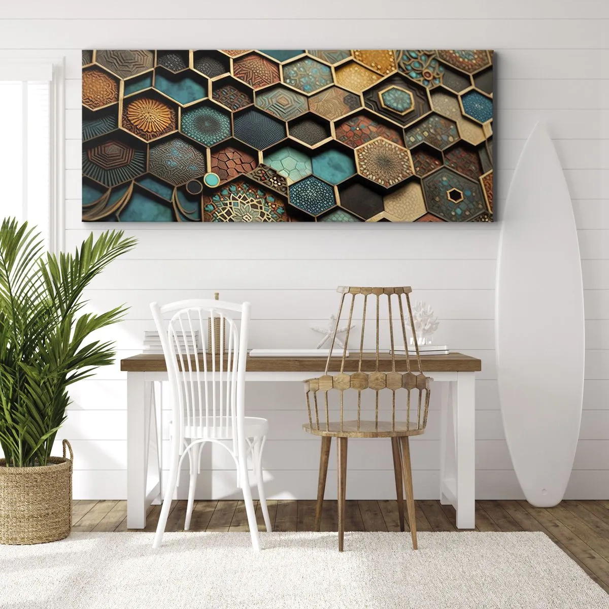 Impression sur toile - Image sur toile - Ornements colorés aux motifs hexagonaux - 140x50cm - Ornements arabes – variation - Décoration murale moderne pour le salon et la chambre ARTTOR
