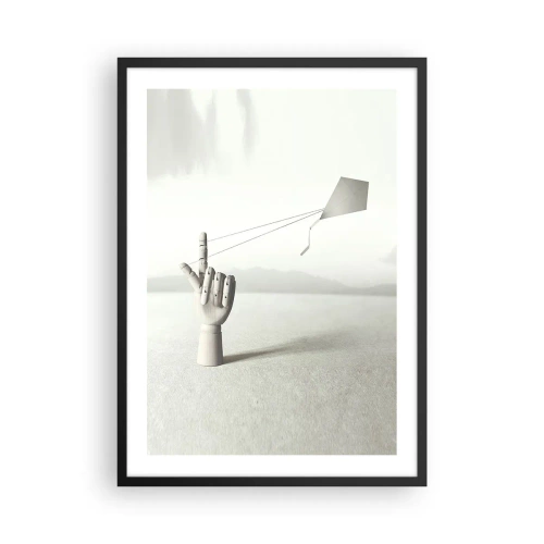 Affiche dans un cadre noir - Poster - Une main en bois avec un cerf-volant sur un fond lumineux - 50x70cm - Épreuve de force - Décoration murale moderne pour le salon et la chambre ARTTOR