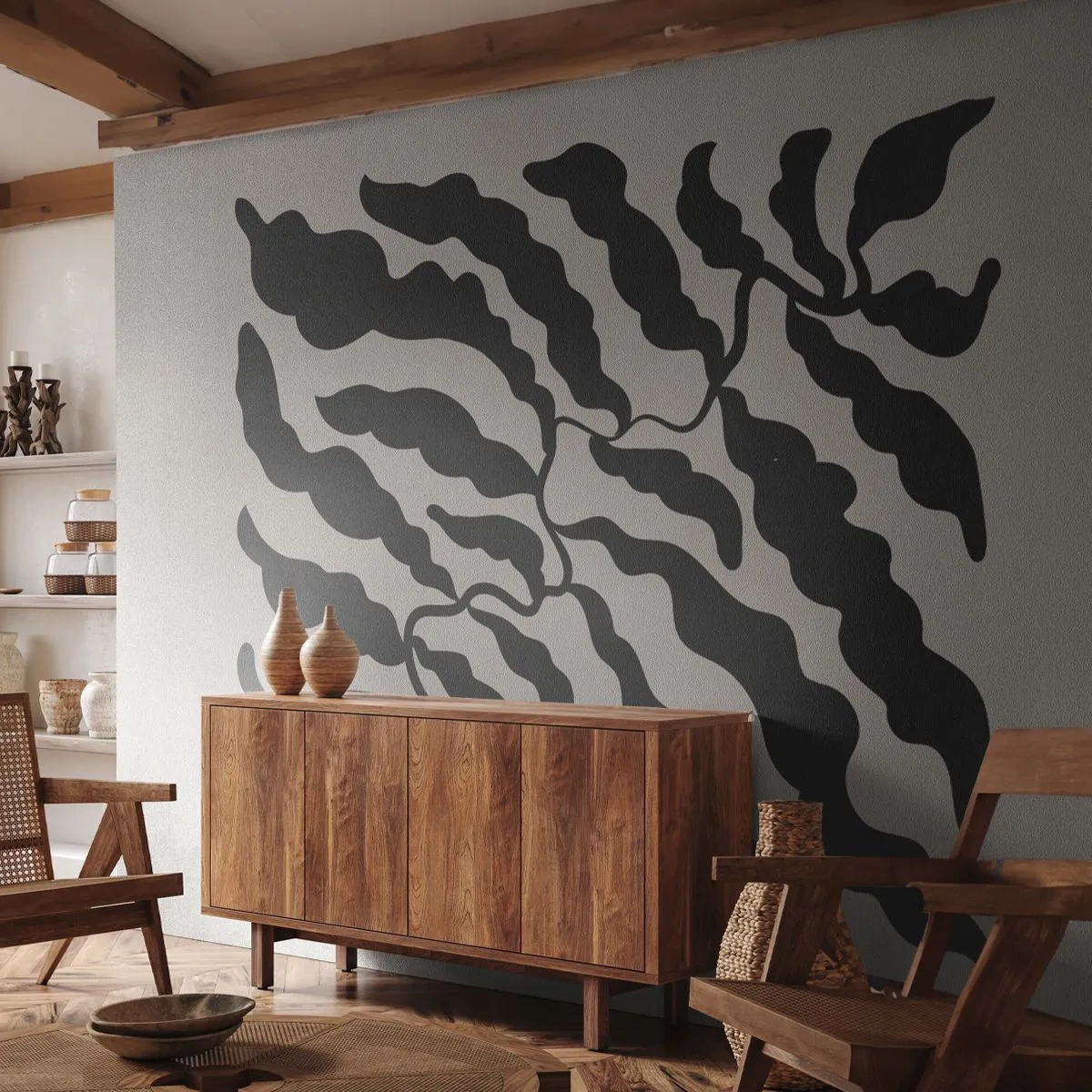 Papier Peint Photo Standard Eco - Un motif végétal avec des feuilles noires sur un fond clair - 100x70cm - La nature du carré - Décoration murale moderne pour le salon et la chambre ARTTOR