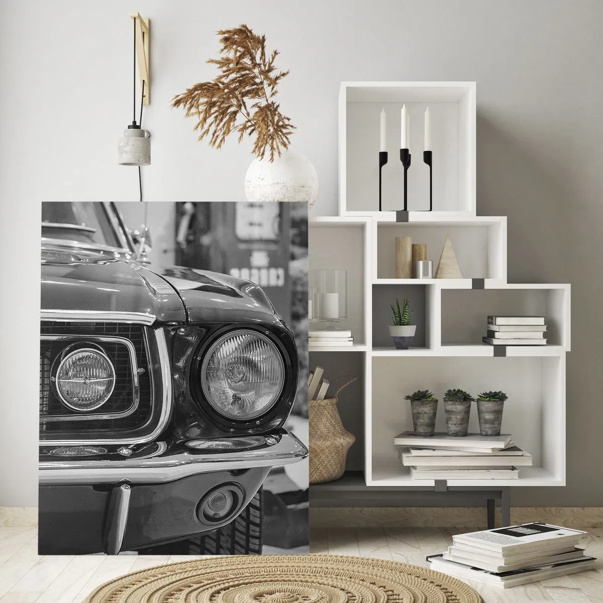 Impression sur verre - Image sur verre - Capot de voiture classique noir et blanc - 70x100cm - Conduire dur - Décoration murale moderne pour le salon et la chambre ARTTOR