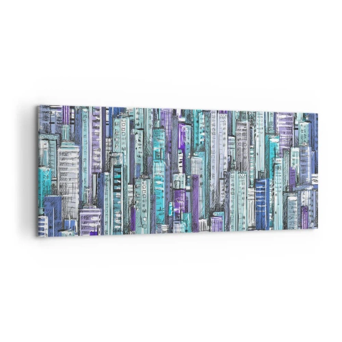 Impression sur toile - Image sur toile - Illustration d'une ville avec des bâtiments géométriques dans des tons de bleu et de violet. - 120x50cm - Bleuâtre avec le ciel - Décoration murale moderne pour le salon et la chambre ARTTOR