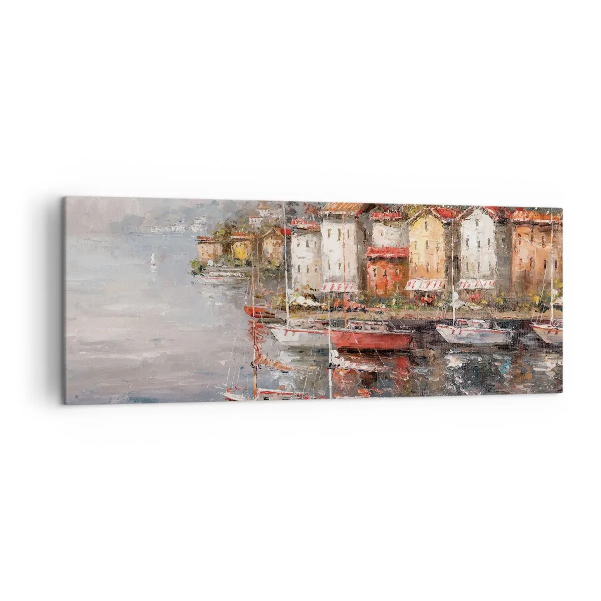Impression sur toile - Image sur toile - Paysage de bord de mer avec des bateaux et des maisons colorées - 140x50cm - Havre romantique - Décoration murale moderne pour le salon et la chambre ARTTOR