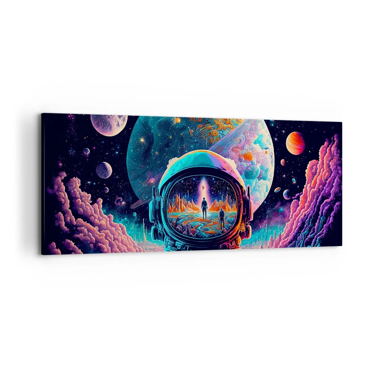 Impression sur toile - Image sur toile - Astronaute dans l'espace avec un paysage planétaire coloré - 120x50cm - Les philosophes n'en ont pas rêvé - Décoration murale moderne pour le salon et la chambre ARTTOR