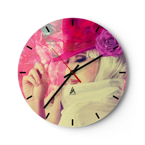 Horloge murale - Pendule murale - Portrait stylisé d'une femme dans les tons rose et blanc - 30x30cm - Portrait rétro dans une brume rose - Décoration murale moderne pour le salon, la cuisine et la chambre ARTTOR