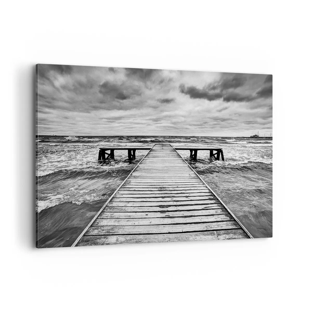 Impression sur toile - Image sur toile - Une vue en noir et blanc d'une jetée en bois sur une mer agitée. - 100x70cm - J'attends que le vent, ça le chassera... - Décoration murale moderne pour le salon et la chambre ARTTOR