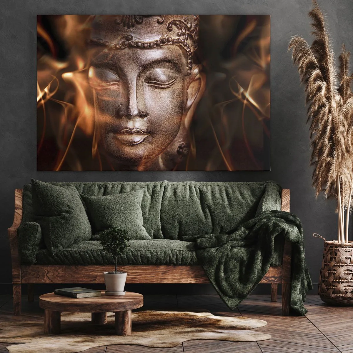Impression sur toile - Image sur toile - Une statue de Bouddha au milieu de flammes aux teintes dorées - 70x50cm - Il n'existe qu'ici et maintenant - Décoration murale moderne pour le salon et la chambre ARTTOR