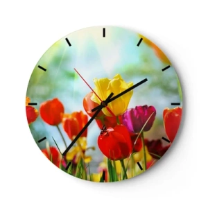 Horloge murale - Pendule murale - Tulipes colorées illuminées par les rayons du soleil - 30x30cm - Toutes les couleurs du soleil - Décoration murale moderne pour le salon, la cuisine et la chambre ARTTOR