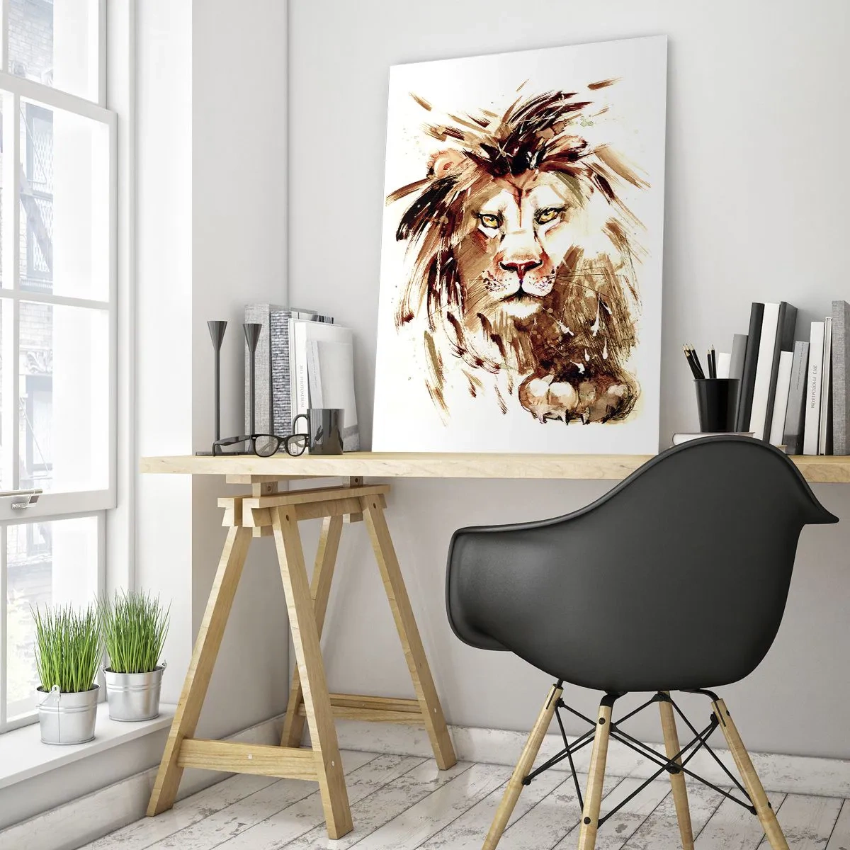 Impression sur verre - Image sur verre - Portrait à l'aquarelle d'un lion sur fond blanc - 50x70cm - Force et dignité - Décoration murale moderne pour le salon et la chambre ARTTOR