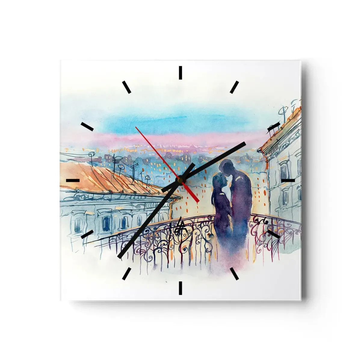 Horloge murale - Pendule murale - Couple romantique sur un balcon avec vue sur la ville - 30x30cm - Amoureux de Paris - Décoration murale moderne pour le salon et la chambre ARTTOR