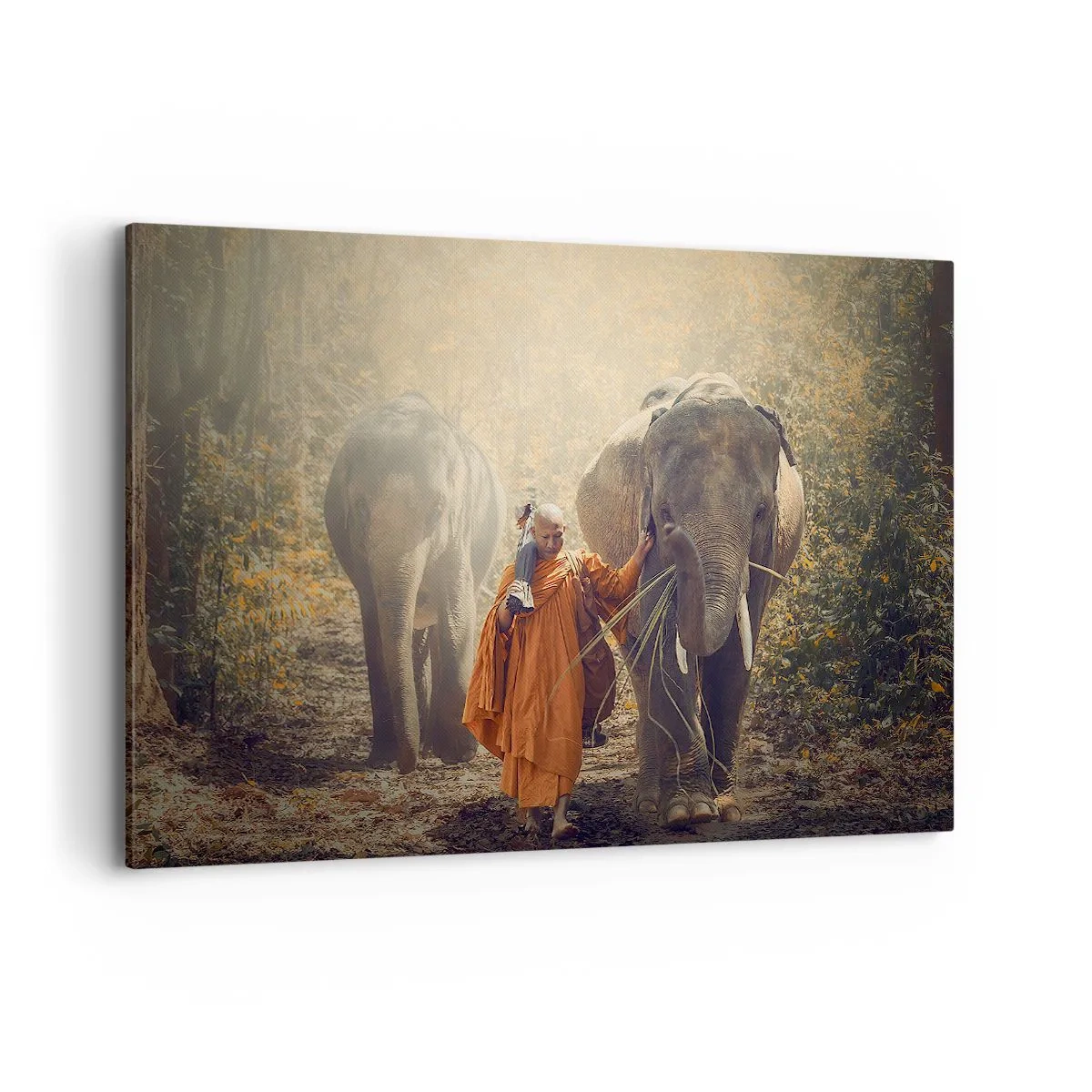Impression sur toile - Image sur toile - Un moine en robe orange conduit un éléphant dans la forêt. - 120x80cm - Compréhension totale - Décoration murale moderne pour le salon et la chambre ARTTOR