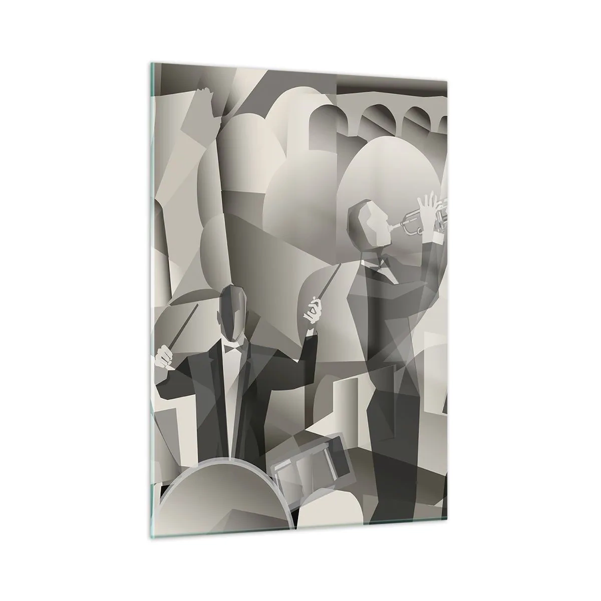 Impression sur verre - Image sur verre - Scène de groupe de jazz stylisée dans des tons monochromes - 50x70cm - Dans l'espace des sons - Décoration murale moderne pour le salon et la chambre ARTTOR
