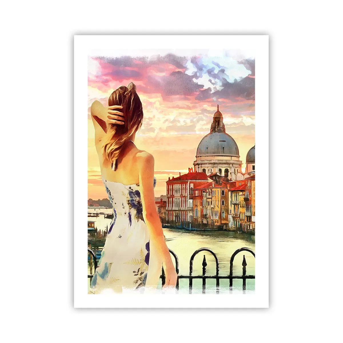 Affiche - Poster - Une femme admire la vue d'une ville historique au coucher du soleil - 50x70cm - Pour une aventure c'est uniquement dans ... - Décoration murale moderne pour le salon et la chambre ARTTOR