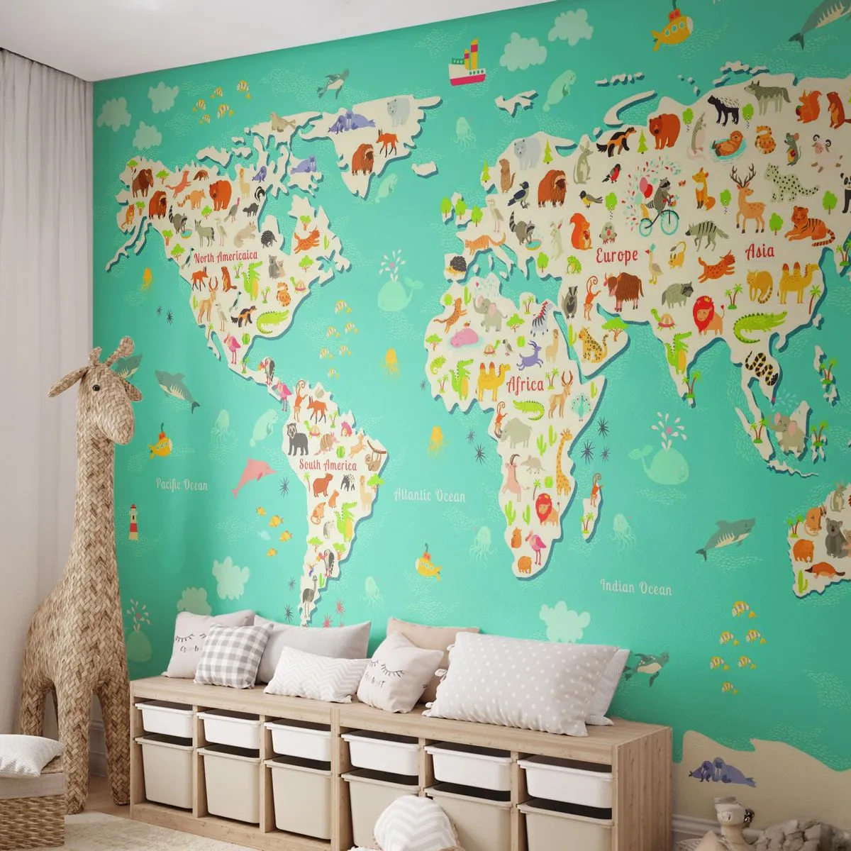Papier Peint Photo Premium Sand - Carte du monde colorée avec des illustrations d'animaux - 100x70cm - Nous aimons le monde entier - Décoration murale moderne pour le salon et la chambre ARTTOR