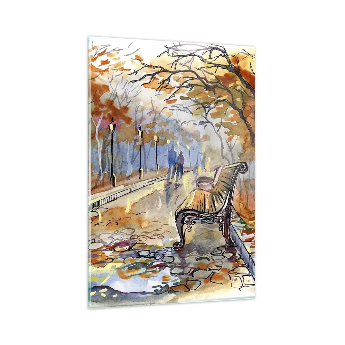 Impression sur verre - Image sur verre - Un parc d'automne avec un banc à l'aquarelle - 80x120cm - Errer ensemble à l'automne - Décoration murale moderne pour le salon et la chambre ARTTOR