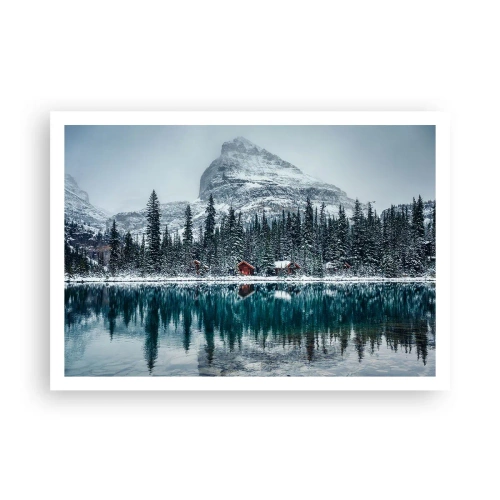 Affiche - Poster - Paysage d'hiver avec des chalets dans la forêt au bord d'un lac gelé - 100x70cm - Retraite canadienne - Décoration murale moderne pour le salon et la chambre ARTTOR