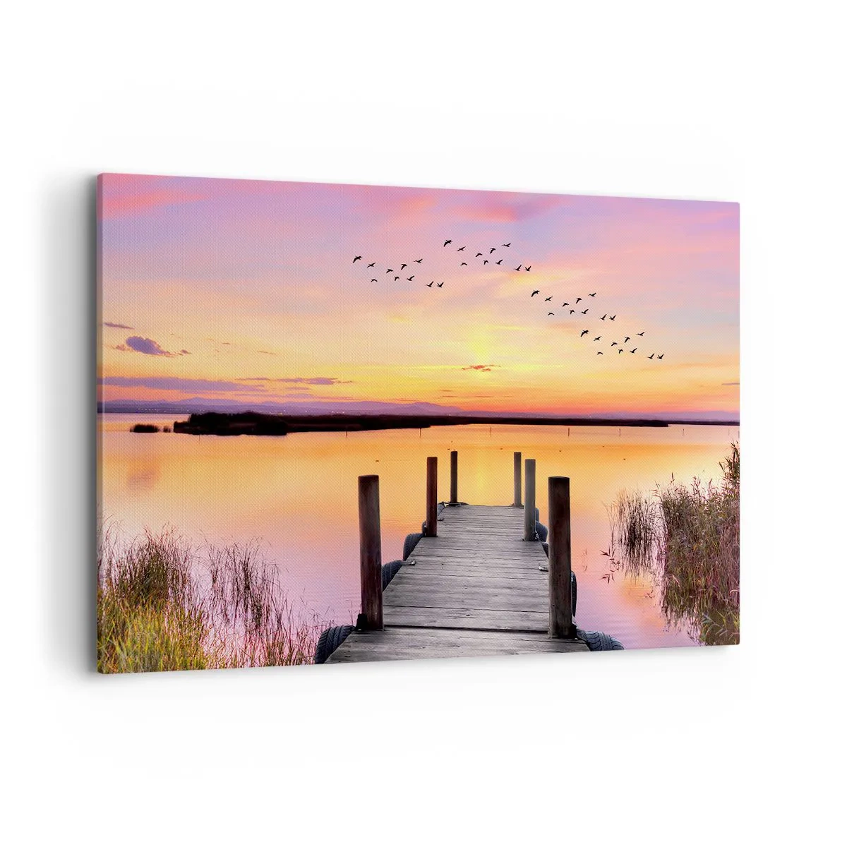 Impression sur toile - Image sur toile - Une jetée sur un lac au coucher du soleil avec des oiseaux dans le ciel - 100x70cm - Aube silencieuse violette - Décoration murale moderne pour le salon et la chambre ARTTOR
