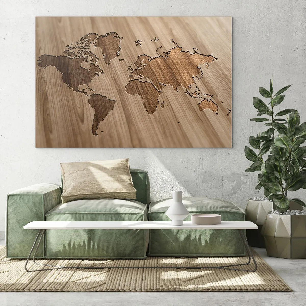 Impression sur verre - Image sur verre - Une carte du monde découpée dans une surface en bois - 100x70cm - Le monde est sur la table - Décoration murale moderne pour le salon et la chambre ARTTOR