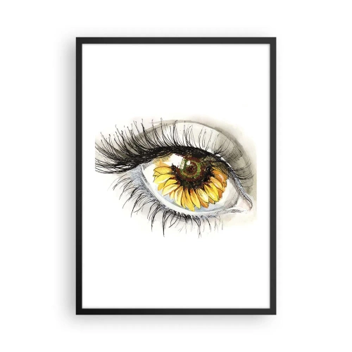 Affiche dans un cadre noir - Poster - Un œil avec une fleur de tournesol jaune dans la pupille - 50x70cm - Un look aussi chaud que l'été - Décoration murale moderne pour le salon et la chambre ARTTOR