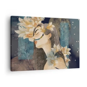 Impression sur toile - Image sur toile - Portrait d'une femme avec des fleurs dans un style artistique sur fond sombre - 70x50cm - Conte de fée sur la princesse lilas - Décoration murale moderne pour le salon et la chambre ARTTOR
