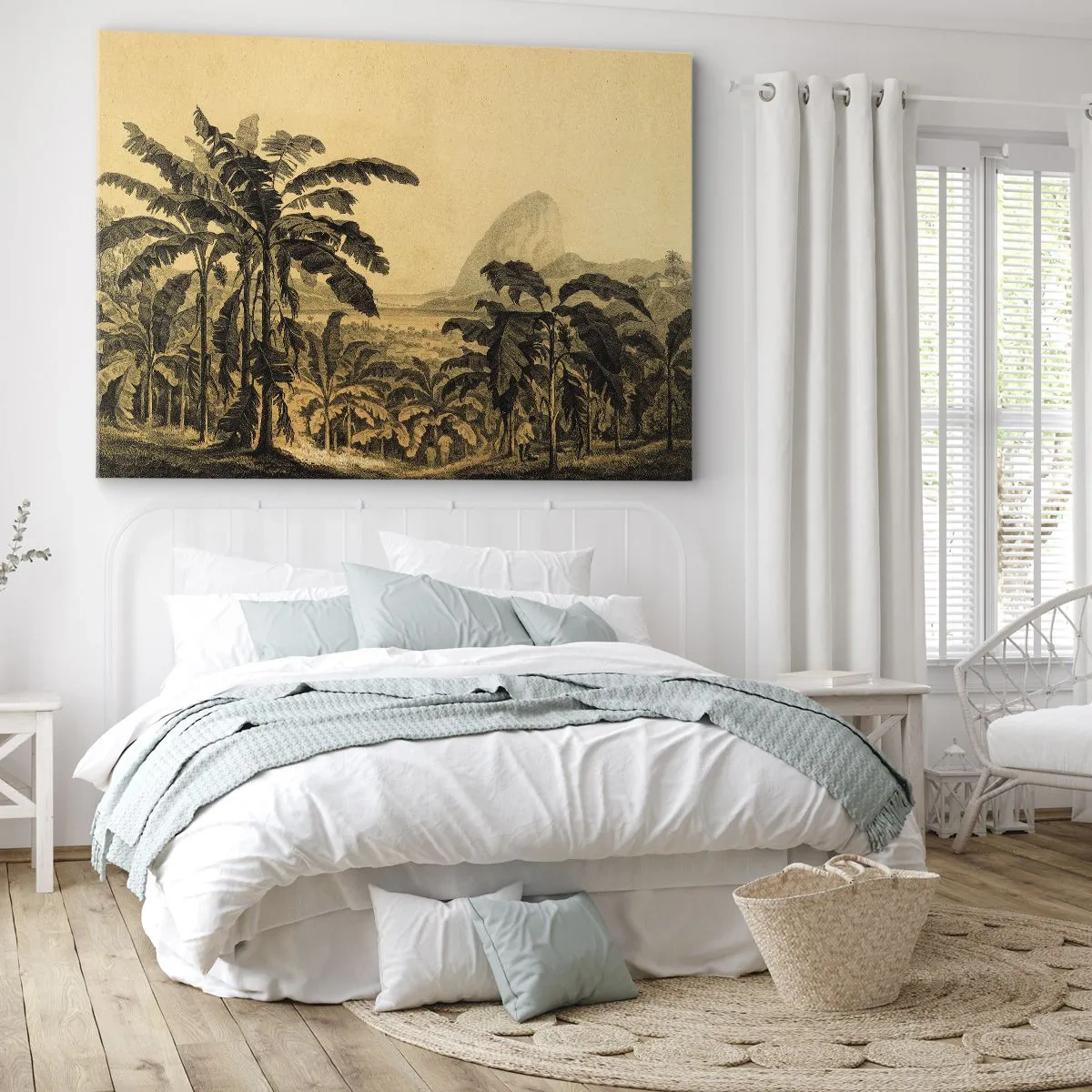 Impression sur toile - Image sur toile - Dessin de bananiers sur fond de paysage tropical - 100x70cm - Dans un climat colonial - Décoration murale moderne pour le salon et la chambre ARTTOR