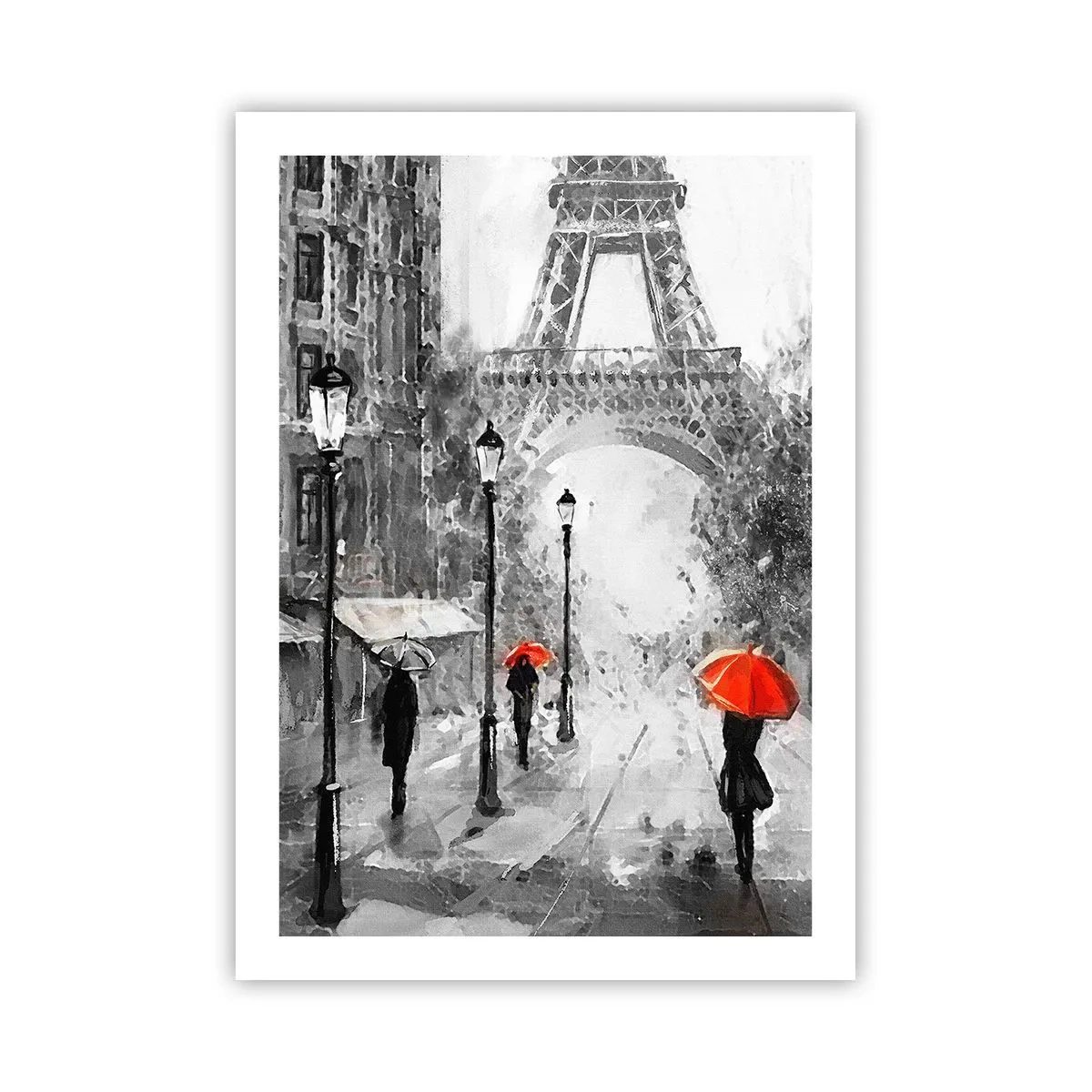 Affiche - Poster - Tour Eiffel noire et blanche avec des parapluies rouges sous la pluie - 50x70cm - Tous les chemins mènent à elle - Décoration murale moderne pour le salon et la chambre ARTTOR