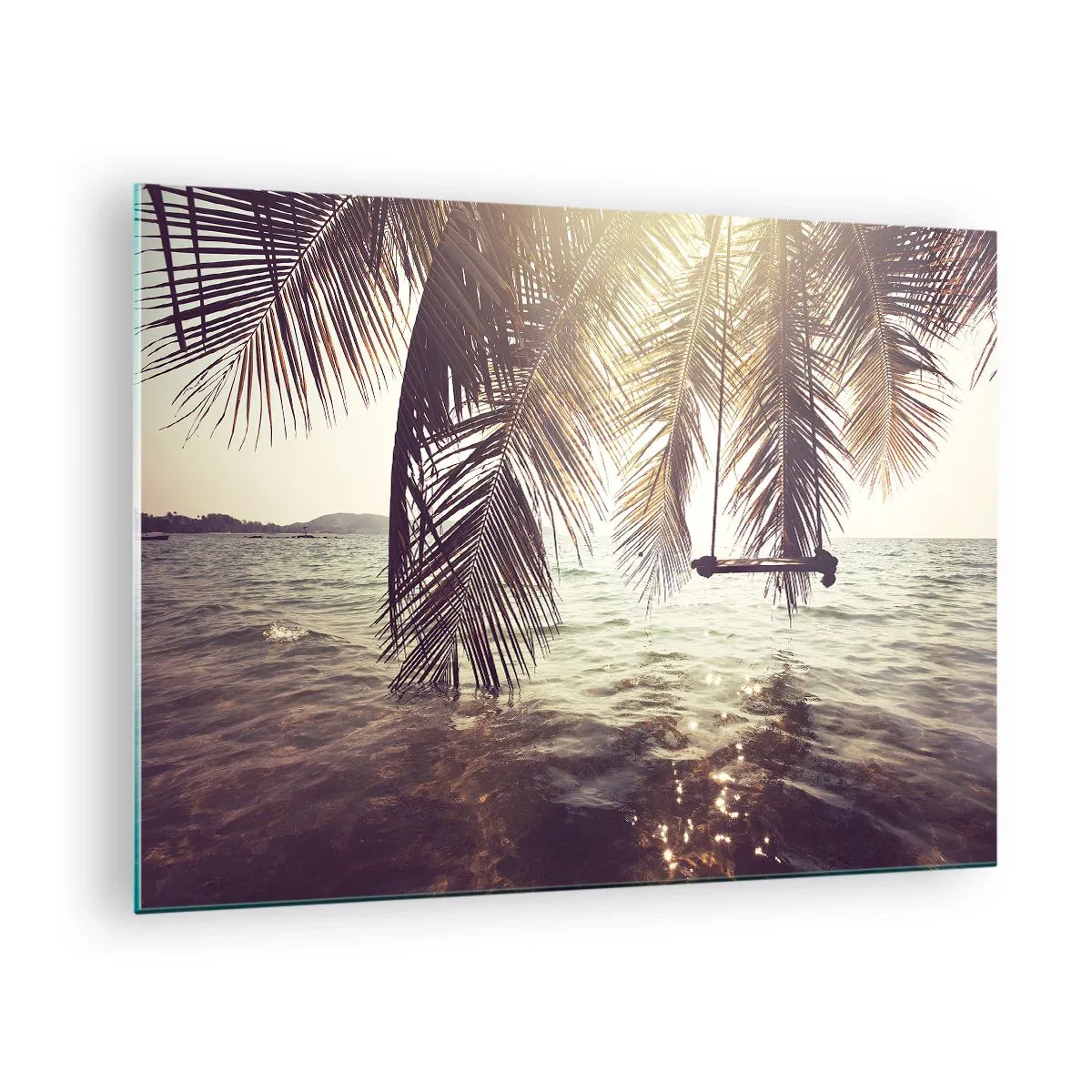 Impression sur verre - Image sur verre - Une plage avec des palmiers et une balançoire sur une mer calme - 70x50cm - Vous pouvez vous balancer dans les nuages