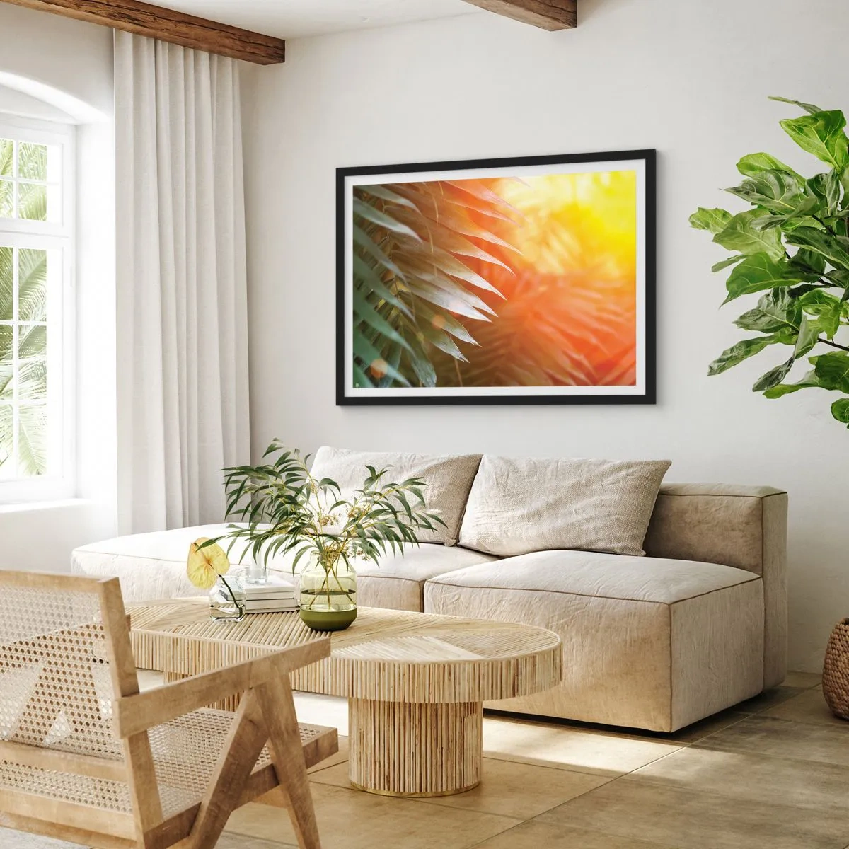 Affiche dans un cadre noir - Poster - Feuilles de palmier dans les rayons du soleil couchant - 100x70cm - Matinée dans la jungle - Décoration murale moderne pour le salon et la chambre ARTTOR