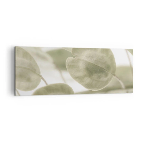 Impression sur toile - Image sur toile - Une peinture délicate de feuilles dans des tons pastel de vert sur un fond clair. - 140x50cm - Au commencement il y avait des feuilles... - Décoration murale moderne pour le salon et la chambre ARTTOR