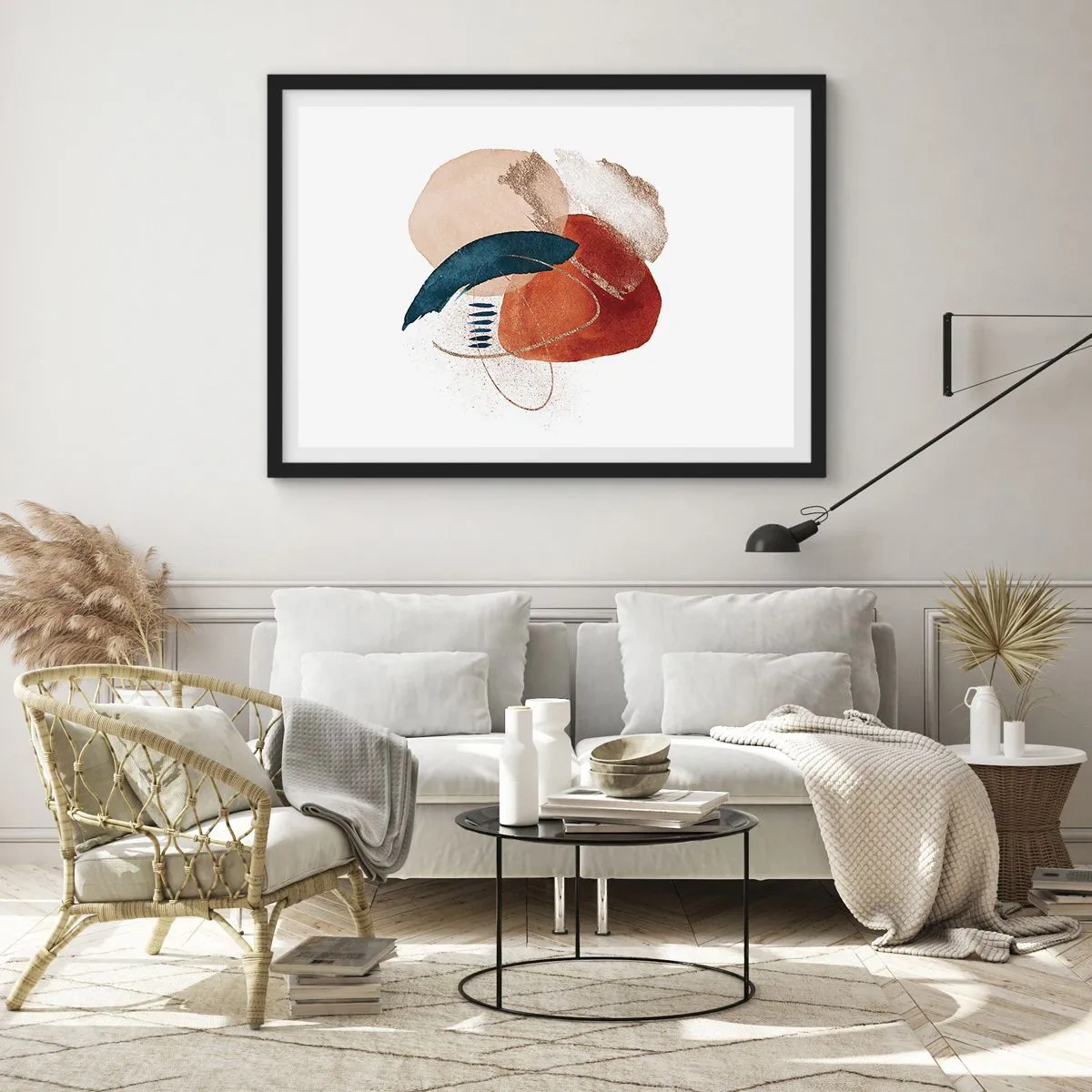 Affiche dans un cadre noir - Poster - Une composition abstraite avec des taches dans des tons terreux et bleu marine. - 70x50cm - Composition ovale - Décoration murale moderne pour le salon et la chambre ARTTOR