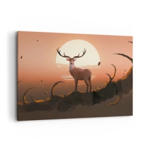 Impression sur toile - Image sur toile - Un cerf sur fond de soleil couchant et un paysage surréaliste - 100x70cm - Cette nuit ne ressemble à aucune autre - Décoration murale moderne pour le salon et la chambre ARTTOR