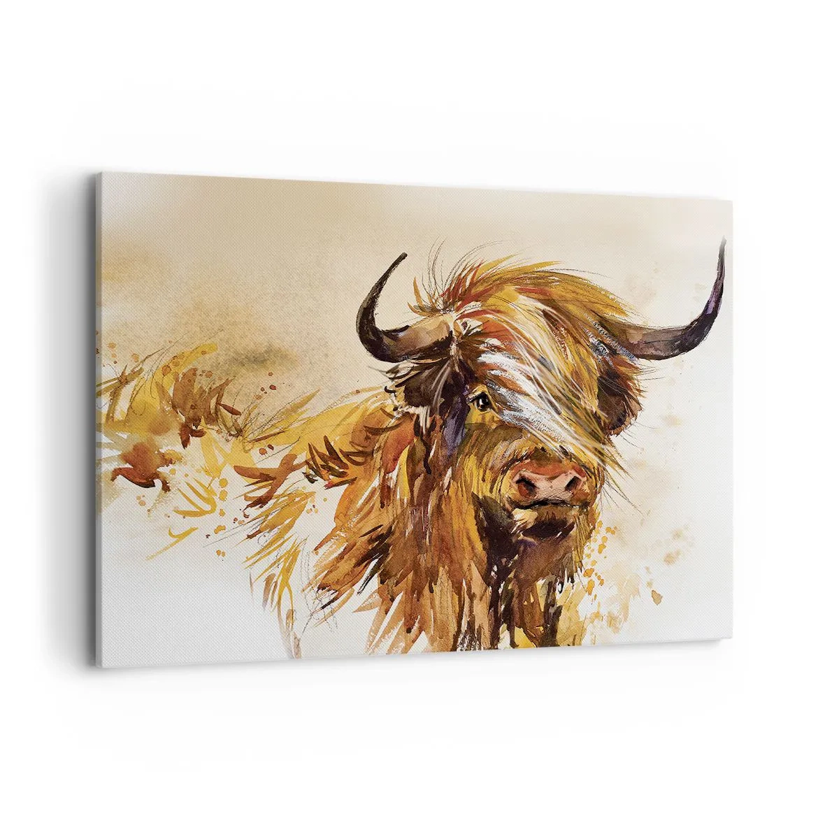 Impression sur toile - Image sur toile - Portrait d'un taureau dans un style aquarelle artistique - 100x70cm - Fierté du chasseur - Décoration murale moderne pour le salon et la chambre ARTTOR