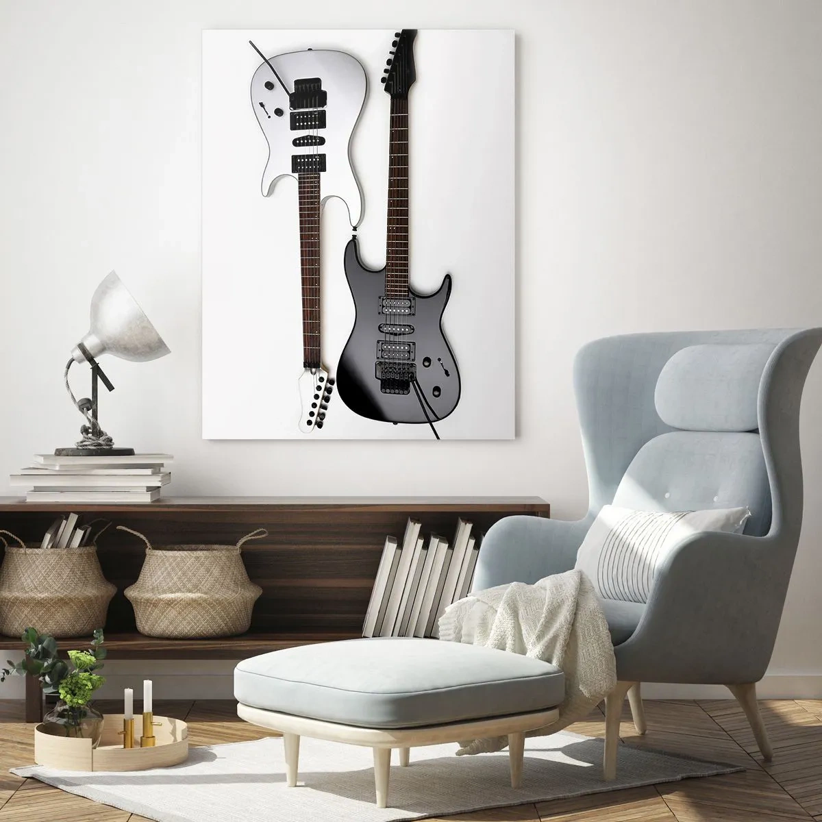 Impression sur verre - Image sur verre - Guitares électriques noires et blanches sur fond blanc - 50x70cm - Harmonie des formes - Décoration murale moderne pour le salon et la chambre ARTTOR