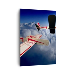 Impression sur toile - Image sur toile - Deux avions en bois planant au-dessus des nuages contre un ciel bleu. - 50x70cm - Encore plus haut, encore plus loin - Décoration murale moderne pour le salon et la chambre ARTTOR