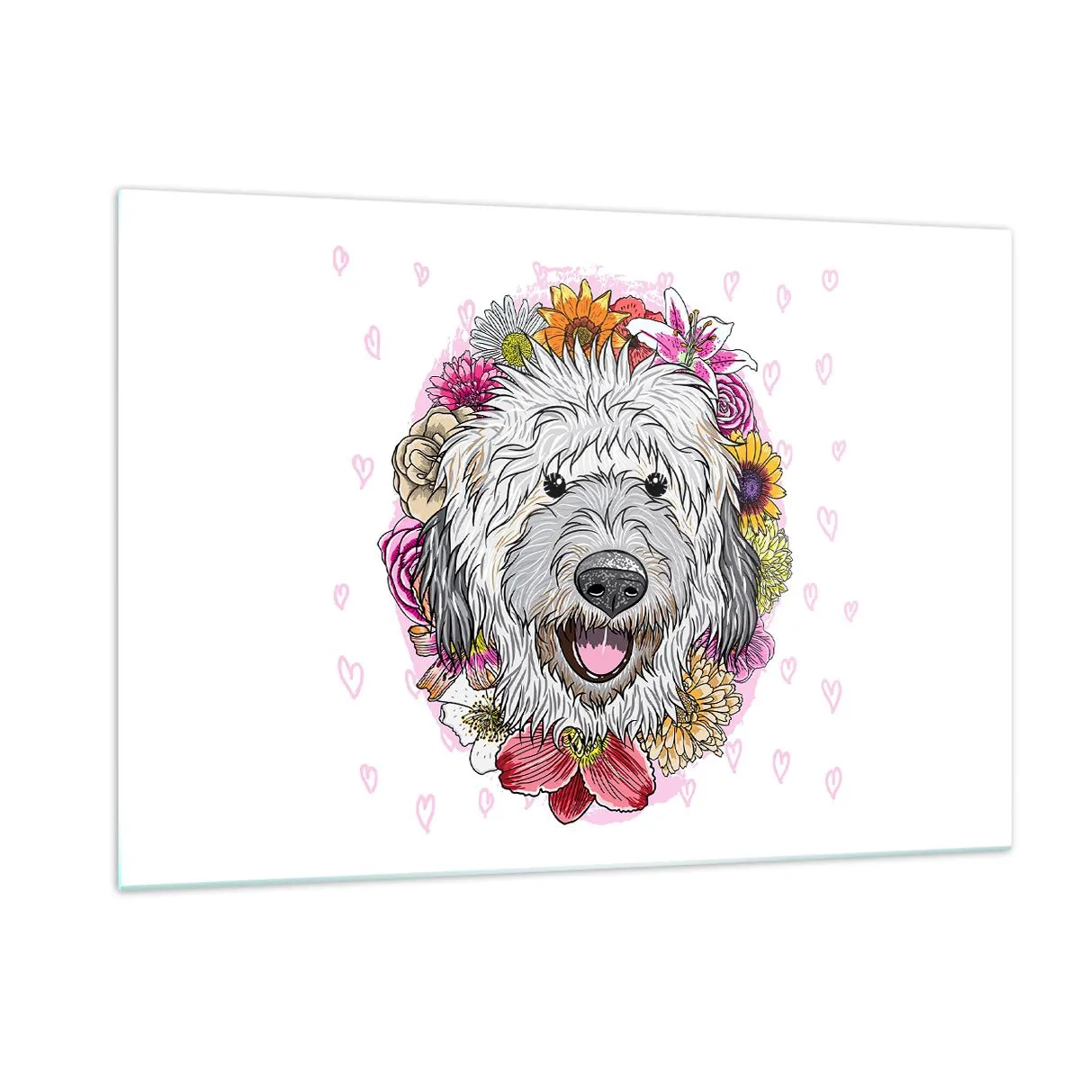 Impression sur verre - Image sur verre - Illustration d'un chien entouré de fleurs - 120x80cm - La joie du chiot - Décoration murale moderne pour le salon et la chambre ARTTOR