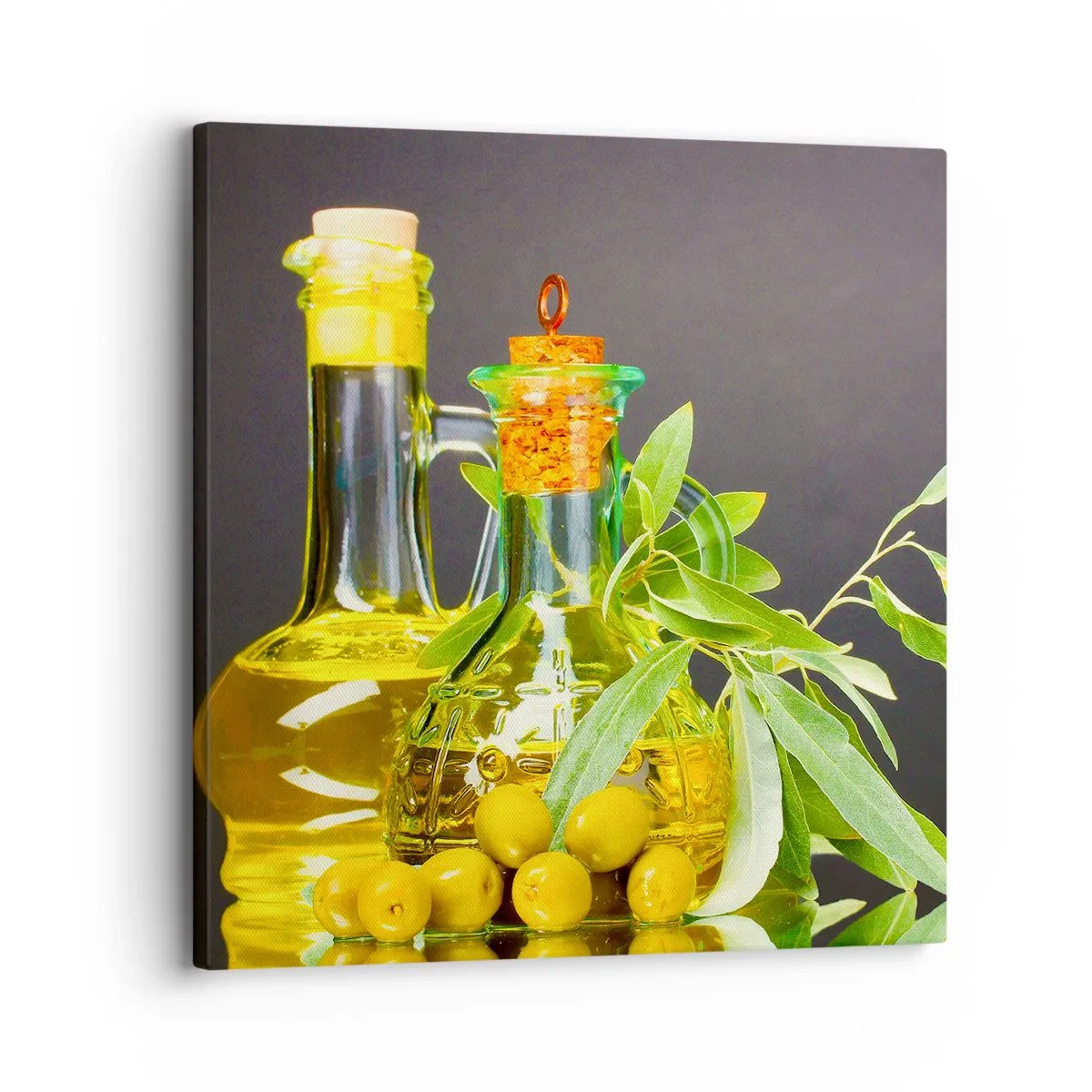 Impression sur toile - Image sur toile - Nature morte aux olives et à l'huile d'olive - 30x30 cm