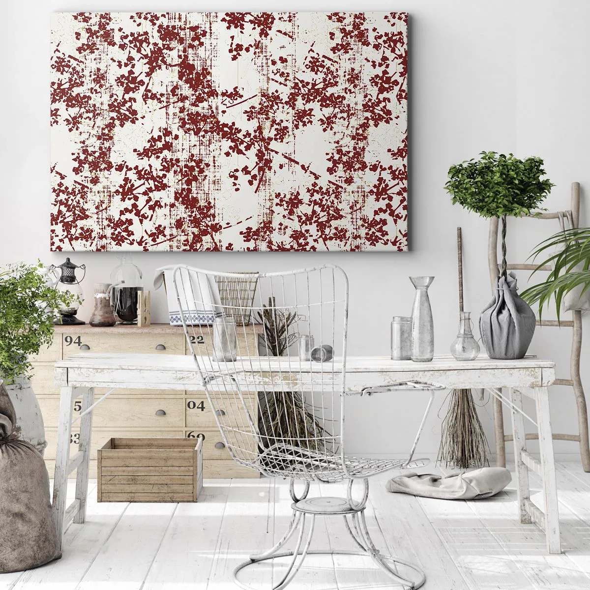 Impression sur toile - Image sur toile - Fleurs rouges sur fond blanc dans un style artistique - 100x70cm - Comme un calicot ancien - Décoration murale moderne pour le salon et la chambre ARTTOR