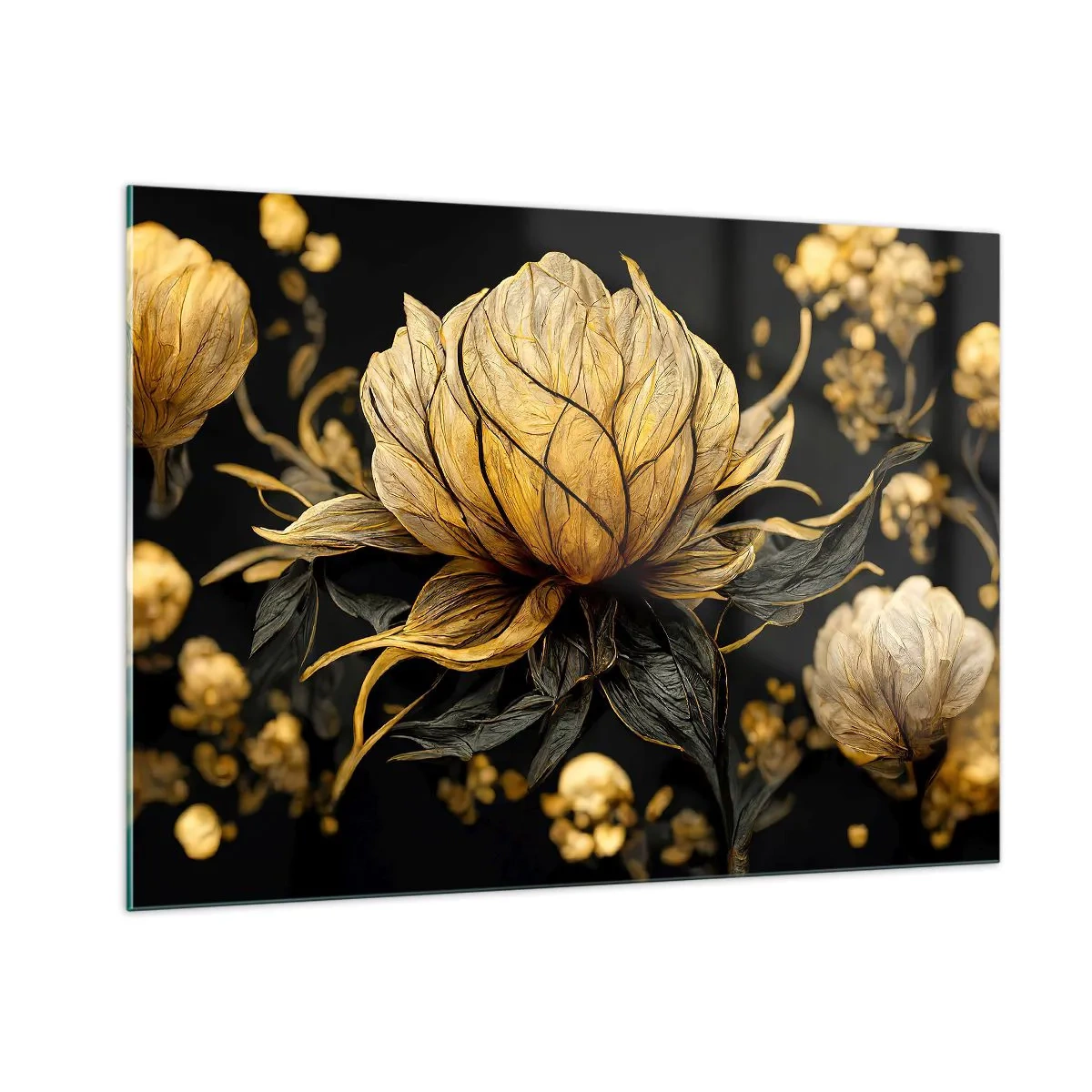 Impression sur verre - Image sur verre - Fleurs dorées sur fond noir dans une composition élégante - 100x70cm - Fragilité subtile - Décoration murale moderne pour le salon et la chambre ARTTOR