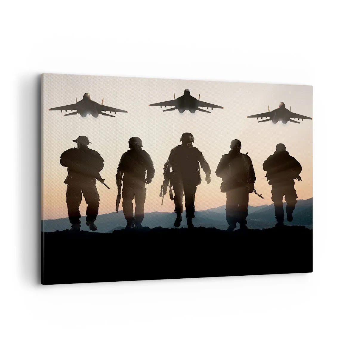 Impression sur toile - Image sur toile - Silhouettes de soldats et d'avions de chasse sur fond de coucher de soleil - 100x70cm - Bienvenue dans notre monde - Décoration murale moderne pour le salon et la chambre ARTTOR