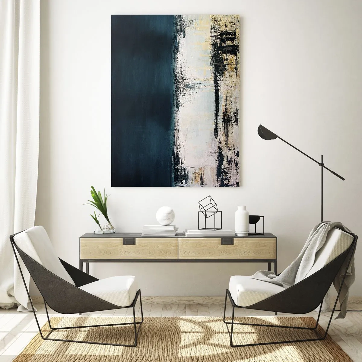 Impression sur verre - Image sur verre - Paysage abstrait dans les tons bleu marine et blanc - 50x70cm - Composition horizontale - Décoration murale moderne pour le salon et la chambre ARTTOR